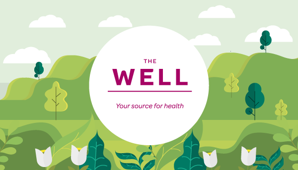 Spring flower with a logo for The Well, your source for health.